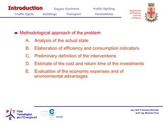 Methodological approach of the problem Analysis of the actual state  Elaboration of efficiency and consumption indicators Preliminary definition of the interventions Estimate of the cost and return time of the investments Evaluation of the economic expenses and of environmental advantages Introduction   Supply Contracts Public lighting  Traffic lights  Buildings  Transport  Renewables 