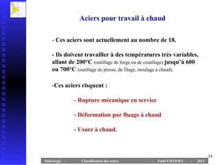 Aciers pour travail à chaud

    - Ces aciers sont actuellement au nombre de 18.

    - Ils doivent travailler à des températures très variables,
    allant de 200°C (outillage de forge ou de cisaillage) jusqu’à 600
    ou 700°C (outillage de presse, de filage, moulage à chaud).

    -Ces aciers risquent :

               - Rupture mécanique en service

               - Déformation par fluage à chaud

               - Usure à chaud.



                                                                               34
Sidérurgie -     Classification des aciers      -   Fathi CHTIOUI   -   2013
 