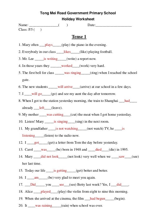 P5 Easter Holiday Ws Tenses Ans