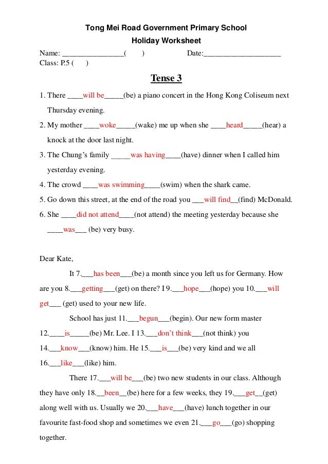 P5 Easter Holiday Ws Tenses Ans