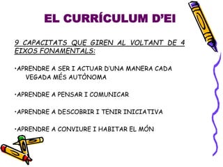 EL CURRÍCULUM D’EI
9 CAPACITATS QUE GIREN AL VOLTANT DE 4
EIXOS FONAMENTALS:
•APRENDRE A SER I ACTUAR D’UNA MANERA CADA
VEGADA MÉS AUTÒNOMA
•APRENDRE A PENSAR I COMUNICAR
•APRENDRE A DESCOBRIR I TENIR INICIATIVA
•APRENDRE A CONVIURE I HABITAR EL MÓN
 