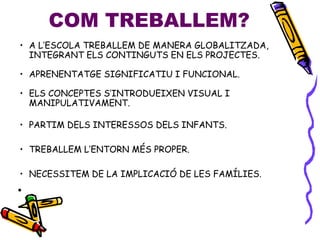 COM TREBALLEM?
• A L’ESCOLA TREBALLEM DE MANERA GLOBALITZADA,
INTEGRANT ELS CONTINGUTS EN ELS PROJECTES.
• APRENENTATGE SIGNIFICATIU I FUNCIONAL.
• ELS CONCEPTES S’INTRODUEIXEN VISUAL I
MANIPULATIVAMENT.
• PARTIM DELS INTERESSOS DELS INFANTS.
• TREBALLEM L’ENTORN MÉS PROPER.
• NECESSITEM DE LA IMPLICACIÓ DE LES FAMÍLIES.
•
 