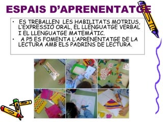 ESPAIS D’APRENENTATGE
• ES TREBALLEN LES HABILITATS MOTRIUS,
L’EXPRESSIÓ ORAL, EL LLENGUATGE VERBAL
I EL LLENGUATGE MATEMÀTIC.
• A P5 ES FOMENTA L’APRENENTATGE DE LA
LECTURA AMB ELS PADRINS DE LECTURA.
 