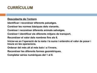 CURRÍCULUM Descoberta de l’entorn Identificar i reconèixer diferents paisatges. Conèixer les normes bàsiques dels vianants. Conèixer i reconèixer diferents animals salvatges. Conèixer I identificar els diferents mitjans de transport. Reconèixer el valor dels nombres fins als 6. Iniciar-se en l’operació de la resta i la suma i entendre el valor de posar i treure en les operacions. Ordenar del més alt al més baix i a l’invers. Reconèixer les diferents formes geomètriques. Completar sèries numèriques del 1 al 8. 