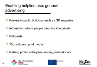 Enabling helpline use: general
advertising
25
 Posters in public buildings such as GP surgeries
 Information where people can note it in private
 Billboards
 TV, radio and print media
 Raising profile of helpline among professionals
 