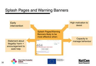 30
Splash Pages and Warning Banners
Splash Pages/Warning
Banners likely to be
most effective when:
Early
intervention
Capacity to
manage behaviour
High motivation to
desist
Statement about
illegality/ harm +
encouragement to
seek help
 