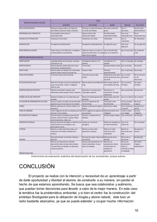 16
Instrumento de evaluación auténtica del desempeño de los estudiantes, propia autoría.
CONCLUSIÓN
El proyecto se realiza con la intención y necesidad de un aprendizaje a partir
de darle oportunidad y libertad al alumno de construirlo a su manera, sin perder el
hecho de que estamos aprendiendo. Se busca que sea colaborativo y autónomo,
que puedan tomar decisiones para llevarlo a cabo de la mejor manera. En este caso
la temática fue la problemática ambiental, y si bien el centro fue la construcción del
prototipo Biodigestor para la utilización de biogás y abono natural, éste tuvo un
radio bastante abarcativo, ya que se puede extender y ocupar mucha información
 