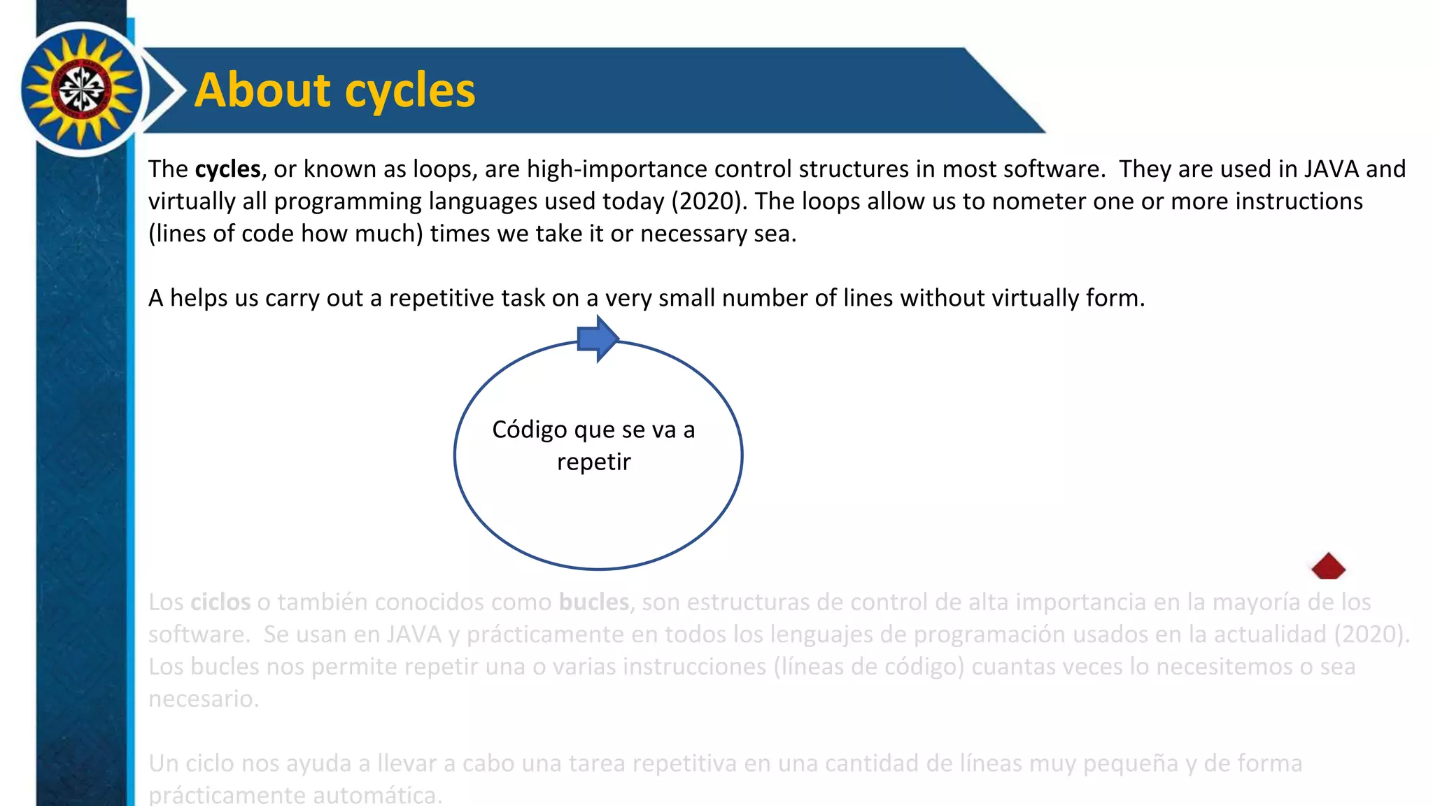 About cycles
Los ciclos o también conocidos como bucles, son estructuras de control de alta importancia en la mayoría de los
software. Se usan en JAVA y prácticamente en todos los lenguajes de programación usados en la actualidad (2020).
Los bucles nos permite repetir una o varias instrucciones (líneas de código) cuantas veces lo necesitemos o sea
necesario.
Un ciclo nos ayuda a llevar a cabo una tarea repetitiva en una cantidad de líneas muy pequeña y de forma
prácticamente automática.
The cycles, or known as loops, are high-importance control structures in most software. They are used in JAVA and
virtually all programming languages used today (2020). The loops allow us to nometer one or more instructions
(lines of code how much) times we take it or necessary sea.
A helps us carry out a repetitive task on a very small number of lines without virtually form.
Código que se va a
repetir
 