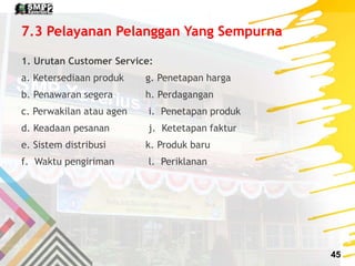 7.3 Pelayanan Pelanggan Yang Sempurna
1. Urutan Customer Service:
a. Ketersediaan produk g. Penetapan harga
b. Penawaran s...