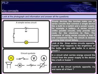 P5.2 b   Look at the photograph and information and answer all the questions: Simple devices like torches make use of series circuits that connect a single device like a bulb to a switch and a power supply, for example a battery. A series circuit, unlike parallel circuits, only provide one route for the electrons to flow. The drawback of using series circuits is that if one component fails, the circuit is broken causing total circuit failure. Look at the  three series circuits opposite. Explain what happens to the brightness of the bulbs as you add bulbs in a series circuit ? In a circuit what carries energy around the circuit from the power supply to the device like a bulb or buzzer ? Look at the circuit symbols opposite, try and name all of them ? A simple series circuit V A Circuit symbols Key concepts + - M 