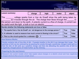 P5.2  Plenary Lesson summary:   charge high motor object Friday 21 October 2011 Smoke contains lots of tiny bits of dirt.  If people breathe in the dirt it can damage their lungs.  The particles of dirt can be removed by (a) passing the smoke through a positively charged metal grid so that the bits of dirt pick up a positive charge and then (b) attracting the positive bits of dirt to negatively charged pieces of metal further up the chimney. How Science Works: Research into current models which help explain about charges in a electric circuit and how negatively charged electrons flow around a simple circuit. Preparing for the next lesson: The _______ voltage sparks from a Van de Graaff show the path being taken by ________ as it travels through the air.  The charge then flows through the ______ or the person and down to the earth. A eclectic current is a flow of charge. A current can do useful work like light  a bulb or turn an electric _______.  Decide whether the following statements are true or false : False True 3: This is a the circuit symbol for a voltmeter  ? False True 2: A voltmeter is used to measure how much current is flowing in the circuit ? False True 1: The sparks from a Van de Graaff  are  not dangerous to the average person ?  