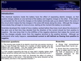P5.3  Simple Circuits Extension questions: 1:  The moving rope model of an electric circuit has one person moving a loop of rope through the hands of a number of other people who are holding the rope loosely.  For this model what plays the part of the battery, the charge flowing and the resistance? 2: If the people supporting the loop of rope held it slightly tighter what effects would be noticed and how do they relate to an electrical circuit ? 3: In the same model how could you illustrate the effect of putting a second battery in the circuit – first pointing in the same direction as the first battery and then in the opposite direction ? Know this: a: Know that conventional current flows from +ve to -ve. b: Know that the current flow along a metal wire is due to the drift of electrons in the opposite direction to the marked current flow. Friday 21 October 2011 Introduction: The chemical reactions inside the battery have the effect of separating electric charges, so that positive charge collects on one terminal of the battery and negative charge on the other.  If the battery is connected into the circuit the charges on the battery terminals sets up an electric field in the wires of the circuit which makes the free charges in the wires drift slowly along the wires.  Although the charges move slowly they all begin to move at once, starting at the moment the battery is connected.  Scientists developed this model of how a battery worked before they knew much about the structure of the atom and at that time they decided that the direction of the current should be from positive to negative.  We now know that it is the drift/flow of the negative electrons that makes the current and that the charges actually move from the negative terminal to the positive terminal.  Although we understand what really happens,  conventional current is still defined as flowing from positive to negative. 