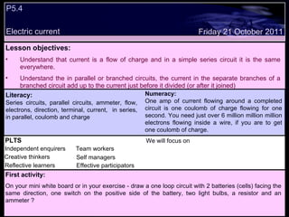 P5.4  Electric current Decide whether the following statements are true or false: Lesson objectives: Understand that current is a flow of charge and in a simple series circuit it is the same everywhere. Understand the in parallel or branched circuits, the current in the separate branches of a branched circuit add up to the current just before it divided (or after it joined)   Friday 21 October 2011 First activity: On your mini white board or in your exercise - draw a one loop circuit with 2 batteries (cells) facing the same direction, one switch on the positive side of the battery, two light bulbs, a resistor and an ammeter ? Literacy: Series circuits, parallel circuits, ammeter, flow, electrons, direction, terminal, current,  in series, in parallel, coulomb and charge Numeracy: One amp of current flowing around a completed circuit is one coulomb of charge flowing for one second. You need just over 6 million million million electrons flowing inside a wire, if you are to get one coulomb of charge. PLTS Independent enquirers Creative thinkers Reflective learners We will focus on Team workers Effective participators Self managers 