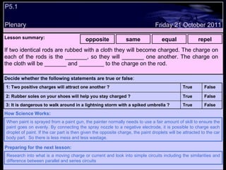 P5.1  Plenary Lesson summary:   opposite same equal repel Friday 21 October 2011 When paint is sprayed from a paint gun, the painter normally needs to use a fair amount of skill to ensure the paint goes on evenly. By connecting the spray nozzle to a negative electrode, it is possible to charge each droplet of paint. If the car part is then given the opposite charge, the paint droplets will be attracted to the car body part.  So there is less mess and less wastage. How Science Works: Research into what is a moving charge or current and look into simple circuits including the similarities and difference between parallel and series circuits Preparing for the next lesson: If two identical rods are rubbed with a cloth they will become charged. The charge on each of the rods is the _______, so they will _______ one another. The charge on the cloth will be _______ and ________ to the charge on the rod. Decide whether the following statements are true or false : False True 3: It is dangerous to walk around in a lightning storm with a spiked umbrella ? False True 2: Rubber soles on your shoes will help you stay charged ? False True 1: Two positive charges will attract one another ?  
