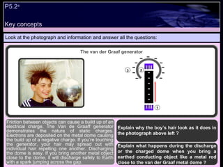 P5.2 a   Look at the photograph and information and answer all the questions: Explain why the boy’s hair look as it does in the photograph above left ? Explain what happens during the discharge or the charged dome when you bring a earthed conducting object like a metal rod close to the van der Graaf metal dome ?  Friction between objects can cause a build up of an electrical charge. The Van de Graaff generator demonstrates the nature of static charges. Electrons are deposited on the metal dome causing the build up of a negative charge. If you’re touching the generator, your hair may spread out with individual hair repelling one another. Discharging the dome is easy. If you bring another metal object close to the dome, it will discharge safely to Earth with a spark jumping across the gap. The van der Graaf generator Key concepts 1 2 3 