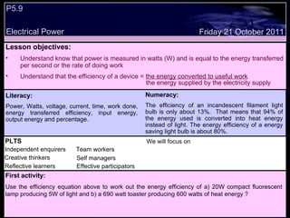 P5.9  Electrical Power Friday 21 October 2011 PLTS Independent enquirers Creative thinkers Reflective learners We will focus on Team workers Effective participators Self managers First activity: Use the efficiency equation above to work out the energy efficiency of a) 20W compact fluorescent lamp producing 5W of light and b) a 690 watt toaster producing 600 watts of heat energy ? Lesson objectives: Understand know that power is measured in watts (W) and is equal to the energy transferred per second or the rate of doing work Understand that the efficiency of a device =  the energy converted to useful work Literacy: Power, Watts, voltage, current, time, work done, energy transferred efficiency, input energy, output energy and percentage. Numeracy: The efficiency of an incandescent filament light bulb is only about 13%.  That means that 94% of the energy used is converted into heat energy instead of light. The energy efficiency of a energy saving light bulb is about 80%. the energy supplied by the electricity supply 
