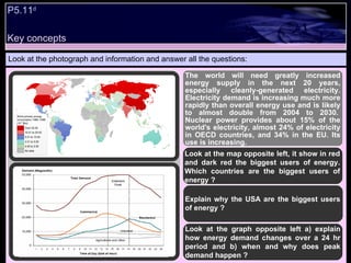 Look at the photograph and information and answer all the questions: The world will need greatly increased energy supply in the next 20 years, especially cleanly-generated electricity. Electricity demand is increasing much more rapidly than overall energy use and is likely to almost double from 2004 to 2030.  Nuclear power provides about 15% of the world's electricity, almost 24% of electricity in OECD countries, and 34% in the EU. Its use is increasing.   Look at the map opposite left, it show in red and dark red the biggest users of energy. Which countries are the biggest users of energy ? Explain why the USA are the biggest users of energy ? Look at the graph opposite left a) explain how energy demand changes over a 24 hr period and b) when and why does peak demand happen ? P5.11 d Key concepts 