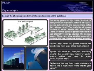 Look at the photograph and information and answer all the questions: Electricity produced by power stations is transported to users by a network of cables, pylons, substations and transformers called the national grid. The majority of power stations in Great Britain use fossil fuels. There are other types of power stations that use alternative energy sources like nuclear power. There are also smaller generating stations that use renewable energy sources. Explain why most UK power station are found away from large cities like London ? Pylons are used to transport electricity around the countryside, however under-ground cables are used in urban areas...explain why ? Explain the journey from power station to a device like a light bulb found inside your home ? The national grid Power station Pylons and cables transformer Industry and households P5.12 a   Key concepts 