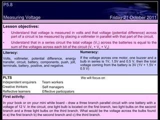 P5.8  Measuring Voltage Friday 21 October 2011 Literacy: Volts, voltmeter, potential difference, energy transfer, circuit, battery, components, push, jolt, terminals, battery, positive, and negative. Numeracy: If the voltage across one motor, one buzzer and a bulb in series is 1V, 1.5V and 0.5 V, then the total voltage coming from the battery is 3V (1V + 1.5V + 0.5 V) PLTS Independent enquirers Creative thinkers Reflective learners We will focus on Team workers Effective participators Self managers Lesson objectives: Understand that voltage is measured in volts and that voltage (potential difference) across part of a circuit is be measured by placing a voltmeter in parallel with that part of the circuit. Understand that in a series circuit the total voltage (V T ) across the batteries is equal to the sum of the voltages across each bit of the circuit (V 1  + V 2  + V 3 ) First activity: In your book or on your mini white board - draw a three branch parallel circuit with one battery with a voltage of 12 V. In the circuit, one light bulb is located on the first branch, two light bulbs on the second branch and a three light bulbs on the third branch. What would be the voltage across the bulbs found in a) the first branch b) the second branch and c) the third branch. 