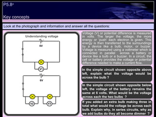 P5.8 a Look at the photograph and information and answer all the questions: Voltage (V) or potential difference is measured in volts. The larger the voltage, the more energy or ‘push’ each electron is given. This energy is then transferred to the surroundings by a device like a bulb, motor, or buzzer. Voltage is measured using a voltmeter which is connected in parallel  across a battery or device like a bulb or a buzzer. In a circuit, the cell or battery provides the voltage or potential difference needed to make a current flow . In the simple circuit shown opposite above left, explain what the voltage would be across the bulb ?  If you added an extra bulb making three in total what would the voltage be across each bulb. Explain why, in series circuits, why as we add bulbs do they all become dimmer  ? In the simple circuit shown opposite below left, the voltage of the battery remains the same at 6 volts. What would be the voltage across each the two bulbs  ? Understanding voltage Key concepts + - 6V V + - 6V + - 6V V + - 6V V3 V2 V1 