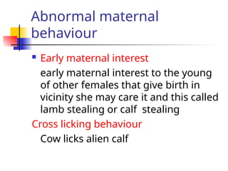 Abnormal maternal
behaviour
 Early maternal interest
early maternal interest to the young
of other females that give birth in
vicinity she may care it and this called
lamb stealing or calf stealing
Cross licking behaviour
Cow licks alien calf
 