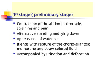 1st
stage ( preliminary stage)
 Contraction of the abdominal muscle,
straining and pain
 Alternative standing and lying down
 Appearance of water sac
 It ends with rapture of the chorio-allantoic
membrane and straw colored fluid
 Accompanied by urination and defecation
 
