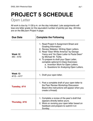 ENGL 309 | Rhetorical Style pg 1
PROJECT 5 SCHEDULE
Open Letter
All work is due by 11:59 p.m. on the day indicated. Late assignments will
lose one letter grade (or the equivalent number of points) per day. All links
are on the BbLearn Project 4 page.
Due Date Complete the Following
Week 12
4/6 – 4/10
1. Read Project 5 Assignment Sheet and
Grading Information.
2. Review Slidedoc: Writing Open Letters.
3. Read “Dear White America” by George
Yancy and “An Open Letter to Paula Deen”
by Michael W. Twitty
4. To prepare to draft your Open Letter,
complete optional In-Class Exercises:
a. Invention Work for Open Letters.
b. Questions for Analyzing Open Letters.
Week 13
4/13 – 4/17
1. Draft your open letter.
Tuesday, 4/14
1. Post a complete draft of your open letter to
the Peer Review Workshop Discussion
Board (the instructions will appear when you
create a thread)
Thursday, 4/16
1. Complete a review of the peer’s draft that
appears directly below yours.
2. Work on revising your open letter based on
feedback and prepare to submit it on
Sunday.
 