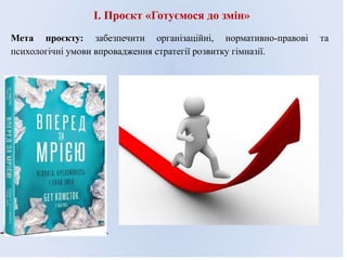 І. Проєкт «Готуємося до змін»
Мета проєкту: забезпечити організаційні, нормативно-правові та
психологічні умови впровадження стратегії розвитку гімназії.
 