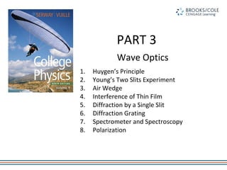 PART 3
            Wave Optics
1.   Huygen’s Principle
2.   Young’s Two Slits Experiment
3.   Air Wedge
4.   Interference of Thin Film
5.   Diffraction by a Single Slit
6.   Diffraction Grating
7.   Spectrometer and Spectroscopy
8.   Polarization
 
