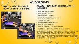 WEDNESDAY
BACK – SEATED CABLE
ROW (4 SETS X 8 REPS)
SNACK – NO BAKE CHOCOLATE
COOKIES
• ¼ CUP SHREDDED COCONUT
• ½ CUP COCONUT FLOUR
• 2 TBSP OF COCOA POWDER
• 2 TBSP OF ORGANIC RAW CANE SUGAR
• PINCH OF SEA SALT
• 2 TBSP OF RAW ALMOND BUTTER
• ½ TSP OF VANILLA EXTRACT
• ¾ CUP OF MEDJOOL DATES, PITS REMOVED
• 1 ¾ OZ DARK CHOCOLATE, CHOPPED IN SMALL CHUNKS
PLACE COCONUT, COCONUT FLOUR, COCOA POWDER, CANE SUGAR, SALT
IN A FOOD PROCESSOR. ADD THE ALMOND BUTTER AND VANILLA
EXTRACT, THEN ADD THE PITTED DATES ONE AT A TIME. DOUGH
SHOULD BE STICKY. TRANSFER TO A BOWL AND ADD DARK CHOCOLATE
CHUNKS. MAKE 1 TBSP BALLS, AND FLATTEN TO MAKE A COOKIE. ADD
WATER IT THE DOUGH IS TO DRY.
 