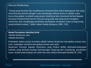 ManusiaMultibudaya“Orang yang identitasdanloyalitasnyamelewatibatas-bataskebangsaandan yang komitmennyabertautdengansuatupandanganbahwaduniainiadalahsuatukomunitas global; iaadalah yang secaraintelektualdanemosionalterikatkepadakesatuan fundamental semuamanusia yang padasaat yang samamengakui, menerima, danmenghargaiperbedaan-perbedaanmendasarantara orang-orang yang berbedabudaya.” (Adler dalamDeddyMulyana, 2001: 233)Model PerubahanIdentitasEtnikModel Akulturasi, dan