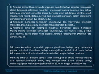Model Asimilasi.Perbedaankedua proses tersebutadalahbahwaakulturasimerupakan proses dua-arah; sedangkanasimilasimerupakan proses satu-arah.Akulturasimerujukkepadafenomena yang timbulketikakelompok-kelompokindividu yang berbedabudayaberhubunganlangsungdansinambung, perubahanmanaterjadipadabudayaaslisalahsatuataukeduakelompok (Deddy M, 159).20/01/2011©  2010 Universitas Negeri Jakarta   |  www.unj.ac.id                      |6