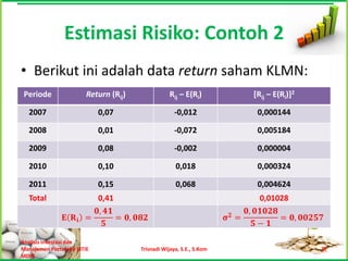 Estimasi Risiko: Contoh 2
• Berikut ini adalah data return saham KLMN:
 Periode                 Return (Rij)               Rij – E(Ri)              [Rij – E(Ri)]2

   2007                      0,07                     -0,012                  0,000144

   2008                      0,01                     -0,072                  0,005184

   2009                      0,08                     -0,002                  0,000004

   2010                      0,10                     0,018                   0,000324

   2011                      0,15                     0,068                   0,004624
   Total                   0,41                                                 0,01028
                          𝟎, 𝟒𝟏                                             𝟎, 𝟎𝟏𝟎𝟐𝟖
                𝐄 𝐑𝐢    =       = 𝟎, 𝟎𝟖𝟐                               𝛔𝟐 =          = 𝟎, 𝟎𝟎𝟐𝟓𝟕
                             𝟓                                                 𝟓− 𝟏

Analisis Investasi dan
Manajemen Portofolio [STIE              Trisnadi Wijaya, S.E., S.Kom                          27
MDP]
 