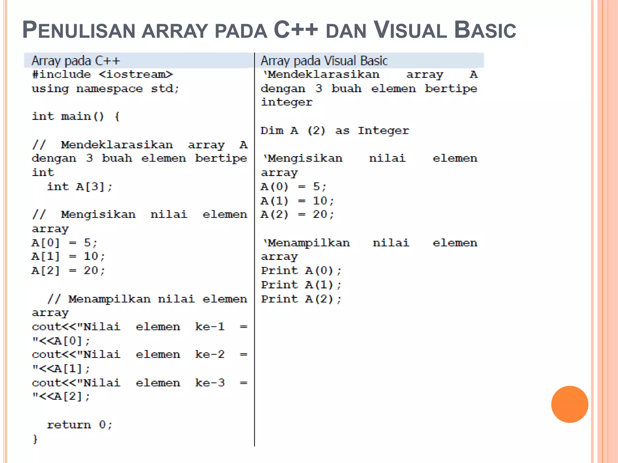 PENULISAN ARRAY PADA C++ DAN VISUAL BASIC
 