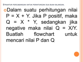 STRUKTUR PERCABANGAN UNTUK PERHITUNGAN DUA BUAH BILANGAN.
Dalam suatu perhitungan nilai
P = X + Y. Jika P positif, maka
Q = X * Y, sedangkan jika
negative maka nilai Q = X/Y.
Buatlah flowchart untuk
mencari nilai P dan Q
 
