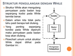 STRUKTUR PENGULANGAN DENGAN WHILE
 Struktur While akan mengulang
pernyataan pada badan loop
sepanjang kodisi pada While
bernilai benar.
 Dalam artian kita tidak perlu
tahu pasti berapa kali diulang.
 Yang penting sepanjang
kondisi pada While dipenuhi
maka pernyataan pada badan
loop akan diulang.
 Flowchart umum untuk struktur
While dapat dilihat pada
Gambar ini :
 