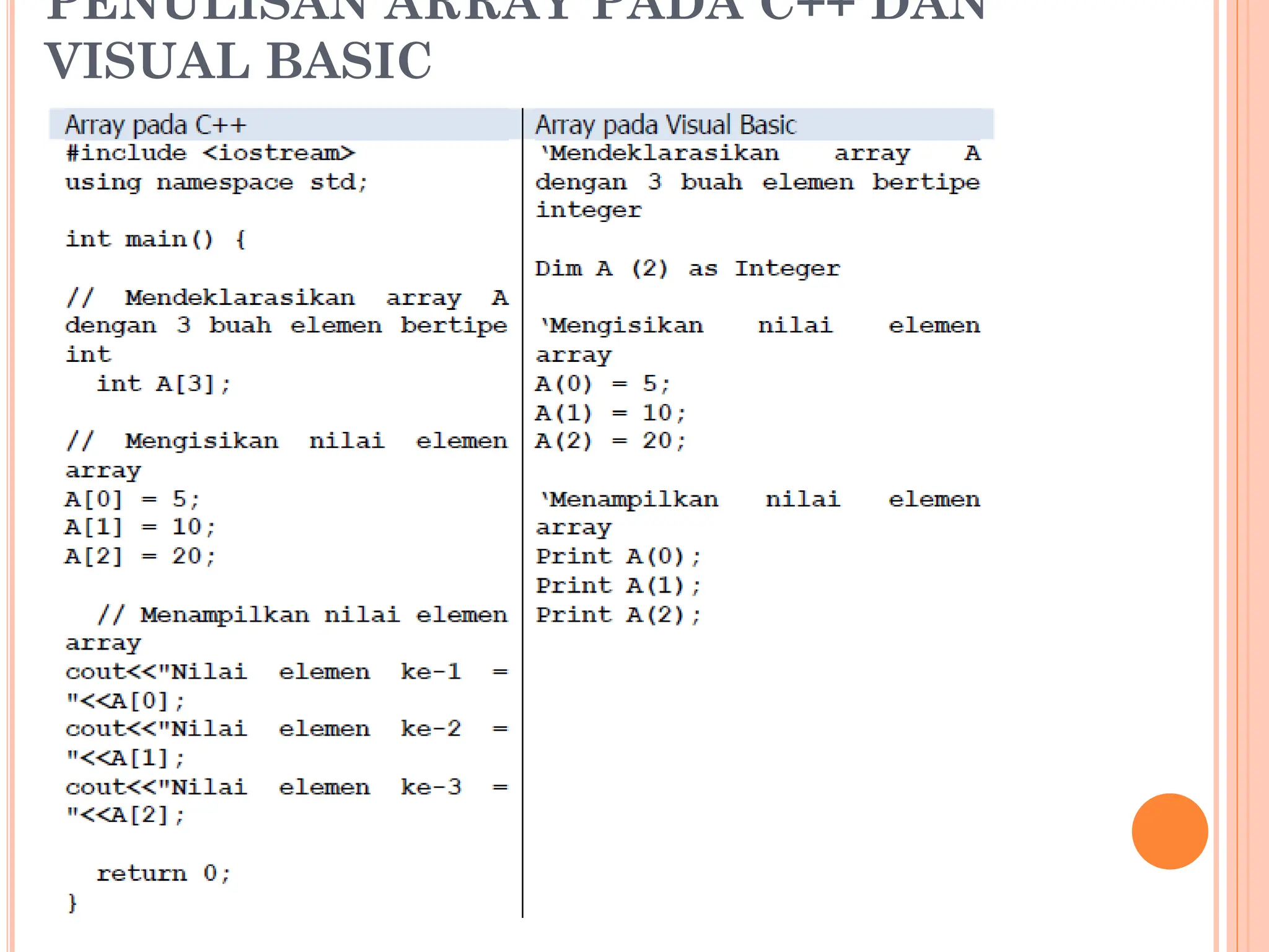 PENULISAN ARRAY PADA C++ DAN
VISUAL BASIC
 