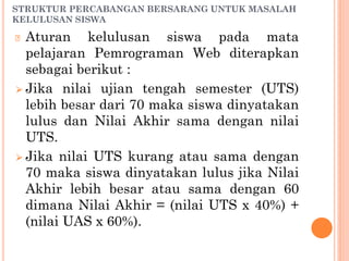 STRUKTUR PERCABANGAN BERSARANG UNTUK MASALAH
KELULUSAN SISWA
🞆 Aturan kelulusan siswa pada mata
pelajaran Pemrograman Web diterapkan
sebagai berikut :
⮚ Jika nilai ujian tengah semester (UTS)
lebih besar dari 70 maka siswa dinyatakan
lulus dan Nilai Akhir sama dengan nilai
UTS.
⮚ Jika nilai UTS kurang atau sama dengan
70 maka siswa dinyatakan lulus jika Nilai
Akhir lebih besar atau sama dengan 60
dimana Nilai Akhir = (nilai UTS x 40%) +
(nilai UAS x 60%).
 