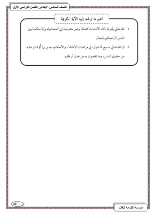 22 
مذرسح انكرمح نهغاخ 
انصف انسادس الاترذائى انفصم انذراسي الأول 
, 0 الله مشعومز يلمركو مسلداء ا مٕوكوت ميومؾي، ومهمػ مـؼقصي إمز أصحوبهو، وإذا مطؽؿـو مسمل 
امًـوس أن كحؽؿ مسومًعدل 
, 1 أن الله مشعومز مؾؿقع معو كؼقل، مذ مرامقوت ا مٓوكوت وا مٕطؽوم، مسصمػ مسما أُؤتمـتؿ مقؾقف 
مـ مطؼقق امًـوس، ومو مشؼضقن مسف مـ مقدل أو مفؾؿ- 
أ هٍ ما تسشد إل الآ الكسيم٘ 
 