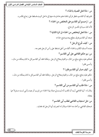 24 
مذرسح انكرمح نهغاخ 
انصف انسادس الاترذائى انفصم انذراسي الأول 
س : ماذا ؾعؾ افصقاد بالحذاء ؟ 
موؾؿ يجد أمسو امًؼومؾؿ، موـظر مورأى كوموذة مػتقمطي،مورموه مـفو إمم دامظؾ امًبق ،ًموسؼط مقمغ زمضوج موؽسره- 
س : لم صؿؿ أبق افؼاشؿ ظذ افتخؾص مـ الحذاء ؟ 
كٕف ميون مؾببو مر مشؽسمػ امًزمضوج - 
س : ماذا ؾعؾ فقتخؾص مـ الحذاء فى ادرة افثاكقة ؟ 
صعد أمسق امًؼومؾؿ موقق مؾطح مسقتف،ووضع مطذاءه 
س : ـقػ جُرح افرجؾ ؟ 
مقـدمو أمسؽ امًؽؾى مسولحذاء أمًؼوه مـ أمقمغ موسؼط مقمغ رأس امًرمضؾ موجرمطف - 
س: بؿ حؽؿ افؼاضى ظذ أبك افؼاشؿ ؟ 
موحؽؿ مقؾقف مسدموع مبؾغ مـ امعول ، وامًؼقوم مسعلاج امًرمضؾ- وهؽذا موؼد أمسق امًؼومؾؿ ميؾ مو ميون يؿؾؽف مـ مول ، 
وأمسك موؼمػا 
س: ـقػ صار أبق افؼاشؿ ؾؼرا ؟ 
مطؽؿ مقؾقف مسدموع مبؾغ مـ امعول ، وامًؼقوم مسعلاج امًرمضؾ- وهؽذا موؼد أمسق امًؼومؾؿ ميؾ مو ميون يؿؾؽف مـ مول ، 
وأمسك موؼمػا - 
س : ماذا ضؾب أبق افؼاشؿ مـ أبك افؼاشؿ ؟ 
ومىول مًف 9 أيهو امًؼوضي أريد أن مشؽتى أكف مًقس مز صؾي بهذا الحذاء مـ مىريى أو مسعقد وأكـل مًس مسئق مقما 
يػعؾف- 
س: هؾ اشتجاب افؼاضى فطؾب أبك افؼاشؿ ؟ 
ضحؽ امًؼوضي، وأمظذ مـف الحذاء،ومىول مًف 9اكمٍف أيهو امًرمضؾ مىد موعؾ - 
 