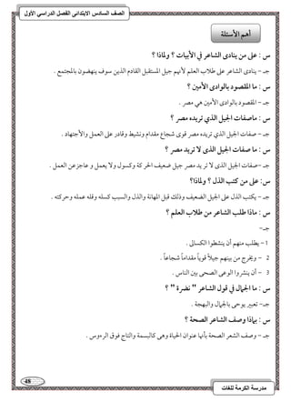 48 
مذرسح انكرمح نهغاخ 
انصف انسادس الاترذائى انفصم انذراسي الأول 
س : ظذ مـ يـادى افشاظر في ا بٕقات ؟ وداذا ؟ 
مضـ , يـودى امًشومقر مقمغ مـلاب امًعؾؿ نٕهؿ مضقؾ امعستؼبؾ امًؼودم امًذيـ مؾقف يـفضقن مسومعجتؿع - 
س : ما ادؼصقد بافقادى ا مٕغ ؟ 
مضـ , امعؼصقد مسومًقادى ا مٕمل هل ممٍ - 
س : ماصػات الجقؾ افذي تريده مصر ؟ 
مضـ , صػوت الجقؾ امًذي مشريده ممٍ مىقى مؿجوع مؼدام وكشقط ومىودر مقمغ امًعؿؾ وا مٕضتفود - 
س : ما صػات الجقؾ افذى تريد مصر ؟ 
مضـ ,صػوت الجقؾ امًذى مشر يد ممٍ مضقؾ ضعقػ الحر ميي وميسقل و يعؿؾ و مقومضزمقـ امًعؿؾ - 
س: ظذ مـ ـتب افذل ؟ وداذا؟ 
مضـ , يؽتى امًذل مقمغ الجقؾ امًضعقػ وذمًؽ مىبؾ امعفوكي وامًذل وامًسبى ميسؾف ومىؾف مقؿؾف ومطرميتف - 
س : ماذا ضؾب افشاظر مـ ضلاب افعؾؿ ؟ 
مضـ, 
0, يطؾى مـفؿ أن يـشطقا امًؽسومم - 
, 1 ويخرج مـ مسقـفؿ مضقلاً مىقيوً مؼداموً مؿجومقوً - 
, 2 أن يـمنوا امًقمقك امًصحك مسمل امًـوس - 
س : ما الجمال في ؿقل افشاظر " كضرة " ؟ 
مضـ, مشعبمػ يقمطك مسولجمال وامًبفجي - 
س : بماذا وصػ افشاظر افصحة ؟ 
مضـ , وصػ امًشعر امًصحي مسلنهو مقـقان الحقوة وهك ميومًبسؿي وامًتوج موقق امًرءوس - 
أهؿ ا شٕئؾة 
 