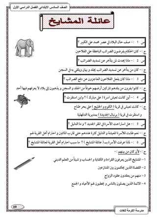 61 
مذرسح انكرمح نهغاخ 
انصف انسادس الاترذائى انفصم انذراسي الأول 
س 1 :- صػ حال افبلاد في ظصر محؿد ظع افؽبر ؟ 
ج :- ـان الحؽام يػرضقن افضرائب افباهظة ظع افػلاحغ 
س 5 :- ماذا يحدث دـ يتلخر ظـ تسديد افضرائب ؟ 
ج :- ـان مـ يتلخر ظـ تسديد افضرائب يجؾد و يهان ويؾؼل بف في افسجـ 
س 3 :- ماذا ـان يػعؾ افػلاحقن افعاجزون ظـ دؾع افضرائب ؟ 
ج :- ـاكقا يػرون مـ بؾدهؿ تارـغ أرضفؿ خقؾاً مـ الجؾد و افسجـ و يذهبقن إلي بلاد يعرؾفؿ ؾقفا أحد 
س 4 :- أيـ ـاكت تعقش اسرة ) ظع مبارك ( ؟ وايـ اشتؼرت ؟ 
ج :- ـاكت تعقش في ؿرية ) افؽقم و الخؾقج ( ظع بحر ضـاح 
و اشتؼرت في ؿرية ) بركبال الجديدة ( بؿديرية افدؿفؾقة 
س 5 :- هؾ اشساحت ا سٕرة في ادؼر الجديد ؟ و ما افدفقؾ ؟ 
ج :- كعؿ ضابت فلأسرة ادعقشة و افدفقؾ ـثرة ظددهؿ حتل ؿارب ادائتغ و احسام أهؾ افؼرية لهؿ 
س 6 :- داذا ظرؾت ا سٕرة بــ ) ظائؾة ادشايخ ( ؟ ما شبب احسام أهؾ افؼرية فعائؾة ادشايخ ؟ 
ج :- نٕ ـان مـ بقـفؿ :- 
-1 ادشايخ افذيـ يعرؾقن افؼراءة و افؽتابة و الحساب و صقئاً مـ افعؾؿ افديـل 
-5 افؼضاة افذيـ يحؽؿقن بغ ادتـازظغ 
-3 مـفؿ مـ يعؼدون ظؼقد افزواج 
-4 ا ئٓؿة افذيـ يصؾقن بافـاس و يخطبقن لهؿ ا ظٕقاد و الجؿع 
 