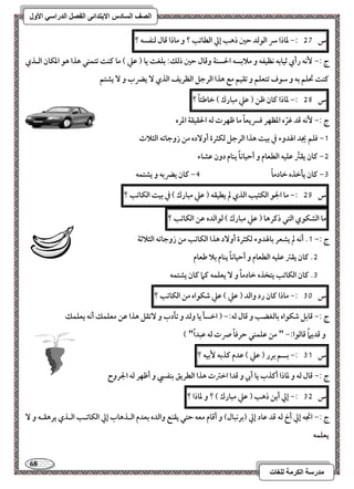 68 
مذرسح انكرمح نهغاخ 
انصف انسادس الاترذائى انفصم انذراسي الأول 
س 57 :- داذا سر افقفد حغ ذهب إلي افطاتب ؟ و ماذا ؿال فـػسف ؟ 
ج :- كٕف رأي ثقابف كظقػف و ملابسف الحسـة وؿال حغ ذفؽ: بؾغت يا ) ظع ( ما ــت تتؿـل هذا هق ادؽان افـذي 
ــت تحؾؿ بف و شقف تتعؾؿ و تؼقؿ مع هذا افرجؾ افظريػ افذي يضرب و يشتؿ 
س 58 :- داذا ـان طـ ) ظع مبارك ( خاضئاً ؟ 
ج :- كٕف ؿد ؽرّه ادظفر ؾسريعاً ما طفرت فف الحؼقؼة ادره 
-1 ؾؾؿ يجد الهدوء في بقت هذا افرجؾ فؽثرة أو دٓه مـ زوجاتف افثلاث 
-5 ـان يؼسّ ظؾقف افطعام و أحقاكاً يـام دون ظشاء 
-3 ـان يلخذه خادماً 4- ـان يضربف و يشتؿف 
س 59 :- ما الجق افؽئقب افذي لم يطقؼف ) ظع مبارك ( في بقت افؽاتب ؟ 
ما افشؽقي افتل ذـرها ) ظع مبارك ( فقافده ظـ افؽاتب ؟ 
ج :- 1. أكف لم يشعر بالهدوء فؽثرة أو دٓ هذا افؽاتب مـ زوجاتف افثلاثة 
5. ـان يؼس ظؾقف افطعام و أحقاكاً يـام بلا ضعام 
3. ـان افؽاتب يتخذه خادماً و يعؾؿف ـما ـان يشتؿف 
س 31 :- ماذا ـان رد وافد ) ظع ( ظع صؽقاه مـ افؽاتب ؟ 
ج :- ؿابؾ صؽقاه بافغضب و ؿال فف:- ) اخسل يا وفد و تلدب و تٓؼؾ هذا ظـ معؾؿؽ أكف يعؾؿؽ 
و ؿديماً ؿافقا:- " مـ ظؾؿـل حرؾاً ست فف ظبداً " ( 
س 31 :- بــؿ برر ) ظع ( ظدم ـذبف بٕقف ؟ 
ج :- ؿال فف و داذا أـذب يا أبي و ؿدا اخست هذا افطريؼ بـػز و أطفر فف الجروح 
س 35 :- إلي أيـ ذهب ) ظع مبارك ( ؟ و داذا ؟ 
ج :- اتجف إلي أخ فف ؿد ظاد إلي )بركبال( و أؿام معف حتل يؼـع وافده بعدم افـذهاب إلي افؽاتـب افـذي يرهؼـف و يعؾؿف 
 