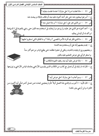 69 
مذرسح انكرمح نهغاخ 
انصف انسادس الاترذائى انفصم انذراسي الأول 
س 33 :- ماذا ؾعؾت اسرة ) ظع مبارك ( ظـدما ظؾؿت بغقابف ؟ 
ج :- أسرظقا يبحثقن ظـف حتل ظثر أحد أخقتف ظؾقف بعد أن ضاف بافبلاد و يبحث ظـف 
س 34 :- مـ افذي ظثر ظع ) ظع مبارك ( ؟ و ماذا ظؿؾ معف ؟ 
ج :- أحد أخقتف هق افذي ظثر ظؾقف و لم يزجره و لم يعاتبف بؾ اشتخدم معف افؾغ حتل رضي بافعقدة إلي ) افسماظـة 
( و أـد فف أن أباه فـ يعاؿبف 
س 35 :- ما افذي ؾؽر ؾقف أؾراد ا سٕرة فؾصبل ؟ و داذا ؟ و ما افػؽرة افتل اشتؼروا ظؾقفا ؟ 
ج :- يحث بعضفؿ أباه ظع أن يستخدم معف افشدة 
و بعضفؿ يري ان يؼقده بالحديد و يؾؼل في حجرة مظؾؿف حتل يطقع اوامر مـ هؿ أـز شـاً 
و اشتؼر افرأي ظع ظرض افتعؾقؿ ظؾقف بافؾغ 
س 36 :- ماذا ظرض ظؾقف أبقف بعد رؾضف افعقدة فؾؽاتب ؟ 
ج :- ؿال فف ما رايؽ في أن تعؿؾ مع ـاتب مـ افؽتّاب افذيـ يؼقسقن ا رٕاضي يعؾؿؽ ؿقاس ا رٕاضي و تقزيعفا 
س 37 :- بــؿ أجاب ) ظع مبارك ( ظع ظرض أبقف ؟ 
ج :- ؿال بٕقف:- ) أجرب يا وافدي هذا افعؿؾ أو ؾلن لم يعجبـل ابحث ظــ ظؿـؾ آخـر ؾـلني أود أــقن مــ 
افؽزاء و فـ أرضي بغر ذفؽ( 
 