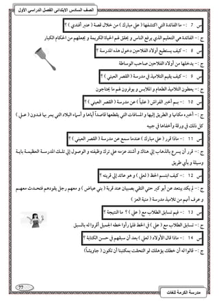 77 
مذرسح انكرمح نهغاخ 
انصف انسادس الاترذائى انفصم انذراسي الأول 
س 7 :- ما افػائدة افتل اـتشػفا ) ظع مبارك ( مـ خلال ؿصة ) ظـز أؾـدي ( ؟ 
ج :- افػائدة هل افتعؾقؿ افذي يرؾع افـاس و يحؼؼ لهؿ الحقاة افؽريؿة و يجعؾفؿ مـ الحؽام افؽبار 
س 8 :- ـقػ يستطقع أو دٓ افػلاحغ دخقل هذه اددرشة ؟ 
ج :- يدخؾفا مـ أو دٓ افػلاحغ صاحب افقشاضة 
س 9 :- ـقػ يؼقؿ افتلامقذ في مدرشة ) افؼصر افعقـل ( ؟ 
ج :- يعطقن افتلامقذ افطعام و ادلابس و يقؾرون لهؿ ما يحتاجقن 
س 11 :- بـؿ أخز افػراش ) ظؾقاً ( ظـ مدرشة ) افؼصر افعقـل ( ؟ 
ج :- أخزه مؽانها و افطريؼ إفقفا و ادساؾات افتل يؼطعفا ؿاصداً أياها و أشماء افبلاد افتل يؿر بها ؾـدون ) ظـع ( 
ـؾ ذفؽ في ورؿة وأخػاها في جقبف 
س 11 :- ماذا ؿرر ) ظع مبارك ( ظـدما شؿع ظـ مدرشة ) افؼصر افعقـل ( ؟ 
ج :- ؿرر أن يسرع بافذهاب إلي هـاك و أصتد ظزمف ظع ترك وطقػتف و افقصقل إلي تؾـؽ اددرشـة افعظقؿـة بايـة 
وشقؾة و بلي ضريؼ 
س 15 :- ـقػ ابتسؿ الحظ ) فعع ( و هق ظائد إلي ؿريتف ؟ 
ج :- لم يؽد يبتعد ظـ أبق ـر حتل افتؼل بصبقان ظـد ؿرية ) بـل ظقاض ( و معفؿ رجؾ يؼقدهؿ ؾتحـدث معفـؿ 
و ظرف أنهؿ مـ تلامقذ مدرشة ) مـقة افعز ( 
س 13 :- ؾقؿ تسابؼ افطلاب مع ) ظع ( ؟ ما افـتقجة ؟ 
ج :- تسابؼ افطلاب مع ) ظع ( في الخط ؾؾما رأوا خطف الجؿقؾ أؿروا فف بافسبؼ 
س 14 :- ماذا ؿال ا وٕ دٓ ) فعع ( بعد أن شبؼفؿ في حسـ افؽتابة ؟ 
ج :- ؿافقا فف أن خطؽ يمهؾؽ فق افتحؼت بؿؽتبـا أن تؽقن ) جاويشاً ( 
 