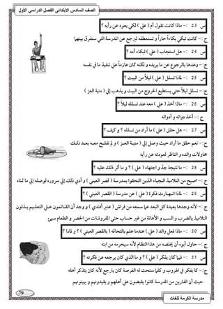 79 
مذرسح انكرمح نهغاخ 
انصف انسادس الاترذائى انفصم انذراسي الأول 
س 53 :- ماذا ـاكت تؼقل أم ) ظع ( فؽل يعقد ظـ رأيف ؟ 
ج :- ـاكت تبؽل بؽاءاً حاراً و تستعطػف فرجع ظـ اددرشة افتل شتػرق بقـفما 
س 54 :- هؾ اشتجاب ) ظع ( فبؽاء أمف ؟ 
ج:- وظدها بافرجقع ظـ ما يريده و فؽـف ـان ظازماً ظع تـػقذ ما في كػسف 
س 55 :- داذا تسؾؾ ) ظع ( فقلاً مـ افبقت ؟ 
ج:- تسؾؾ فقلاً حتل يستطقع الخروج مـ افبقت و يذهب إلي ) مـقة افعز ( 
س 56 :- ماذا أخذ ) ظع ( معف ظـد تسؾؾف فقلاً ؟ 
ج :- أخذ دواتف و أدواتف 
س 57 :- هؾ حؼؼ ) ظع ( ما أراد مـ تسؾؾف ؟ و ـقػ ؟ 
ج:- كعؿ حؼؼ ما أراد حقث وصؾ إلي ) مـقـة افعـز ( و لم تػؾـح معـف بعـد ذفـؽ 
محاو تٓ وافده و افـاطر فعقدتف ظـ رأيف 
س 58 :- ما كتقجة جدّ و اجتفاد ) ظع ( ؟ و ما أثر ذفؽ ظؾقف ؟ 
ج :- اصبح مـ افتلامقذ افـجباء افذيـ افتحؼقا بؿدرشة ) ؿصر افعقـل ( و أدي ذفؽ إلي سروره فقصؾف إلي ما تمـاه 
س 59 :- داذا اكـفـارت ؾؽرة ) ظع ( ظـ مدرشة ) افؼصر افعقـل ( ؟ 
ج :- كٕف وجدها بعقدة ـؾ افبعد ظما شؿعف مـ ؾراش ) ظـز أؾـدي ( و وجد أن افؼـائؿقن ظـع افتعؾـقؿ يـذفقن 
افتلامقذ بافضرب و افسب و ا هٕاكة مـ ؽر حساب حتل ادػروصات مـ الحصر و افطعام شقئ 
س 31 :- ماذا ؾعؾ وافد ) ظع ( ظـدما ظؾؿ بافتحاؿف ) بافؼصر افعقـل ( ؟ و داذا ؟ 
ج :- حاول أبقه أن يخؾصف مـ هذا افـظام كٕف شقحرمف مـ ابـف 
س 31 :- ؾقما ـان يػؽر ) ظع ( ؟ و ما افذي ـان يرجعف ظـ ؾؽرتف ؟ 
ج:- ـا يػؽر في الهروب و ـؾما شـحت فف افػرصة ـان يسجع كٕف ـان يتذـر أهؾف 
حقث أن افػاريـ مـ اددرشة ـاكقا يؼبضقن ظع أهؾفؿ و يؼقدونهؿ و يهقـقنهؿ 
 