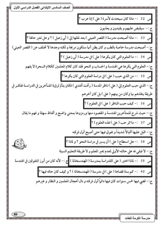 81 
مذرسح انكرمح نهغاخ 
انصف انسادس الاترذائى انفصم انذراسي الأول 
س 35 :- ماذا ـان شقحدث سٕرة ) ظع ( إذا هرب ؟ 
ج :- شقؼبض ظؾقفؿ و يؼقدون و يعذبقن 
س 33 :- ماذا أصبحت مدرشة ) افؼصر افعقـل ( بعد كؼؾفا إلي ) أبي زظبؾ ( ؟ و هؾ تغر حالها ؟ 
ج:- أصبحت مدرشة خاصة بافطب و ـان يظـ أنها شتؽقن مريحة و فؽـف وجدها تختؾػ ظـ ) افؼصر افعقـل( 
س 34 :- ما افعؾقم افتل ـان يؽرها ) ظع ( في مدرشة ) أبي زظبؾ ( ؟ 
ج:- افعؾقم افتل يؽرها هل الهـدشة و الحساب و افـحق ؾؼد ـان ـلام ادعؾؿغ ـؽلام افسحرة يػفؿ 
س 35 :- مـ افذي حبب ) ظع ( في دراشة افعؾقم افتل ـان يؽرها ؟ 
ج:- افذي حبب افعؾقم إلي ) ظع ( كاطر اددشة ) رأؾت أؾـدي ( ؾؽان يتللم فرؤية ادتـلخريـ في افدراشـة ؾػؽـر في 
ضريؼة يـؼذهؿ بها وـان مـ بقـفؿ ) ظع ( بؾ ـان آخرهؿ 
س 36 :- ـقػ حبب افـاطر ) ظع ( في افعؾقم ( ؟ 
ج:- حقث ذح فؾؿتلخريـ الهـدشة و ادؼصقد مـفا ورمزوها بؿعـل واضح و أفػاظ شفؾة و ؾفؿ ما يؼال 
س 37 :- ما اثر حب ) ظع ( لهذه افعؾقم ( ؟ 
ج:- اؿبؾ ظؾقفا أؿبا صديداً و تػقق ؾقفا حتل أصبح أول ؾرؿتف 
س 38 :- هؾ اشتطاع ) ظع ( أن يسر في دراشة افـحق ؟ و داذا ؟ 
ج:- ؾبؼل ؾف ظع حافتف ا وٕلي فعدم تغر ادعؾؿ و ضريؼة افتعؾقؿ افسقئة 
س 39 :- داذا اختر ) ظع (فؾدراشة بؿدرشة ) ادفـدشخاكة ( ج :- كٕف ـان مـ أبرز ادتػقؿغ في الهـدشة 
س 41 :- ـؿ شـة ؿضاها ) ظع ( في مدرشة ) ادفـدشخاكة ( ؟ و ـقػ ـان حافف ؾقفا ؟ 
ج:- ؿضي ؾقفا خمس شـقات ـان ؾقفا دائماً أول ؾرؿتف و كال أظجال ادعؾؿغ و افـظار و ؽرهؿ 
 