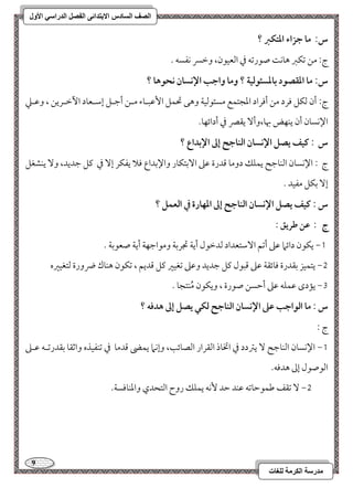 9 
مذرسح انكرمح نهغاخ 
انصف انسادس الاترذائى انفصم انذراسي الأول 
س: ما جزاء ادتؽز ؟ 
ج 9 مـ مشؽمؼ هوك صقرمشف مذ امًعققن، ومظسر كػسف - 
س: ما ادؼصقد بادسئقفقة ؟ وما واجب الإكسان كحقها ؟ 
ج 9 أن مًؽؾ مورد مـ أموراد امعجتؿع مسئقمًقي وهك تحؿؾ ا مٕقبـوء مــ أمضـؾ إمؾـعود ا مٔظـريـ ، ومقـمك 
الإكسون أن يـفض بهو،وأ يؼمٍ مذ أدائفو- 
س : ـقػ يصؾ الإكسان افـاجح إػ الإبداع ؟ 
ج 9 الإكسون امًـومضح يؿؾؽ دومو مىدرة مقمغ ا مٓستؽور والإمسداع مولا يػؽر إ مذ ميؾ مضديد، و يـشغؾ 
إ مسؽؾ مػقد - 
س : ـقػ يصؾ الإكسان افـاجح إػ ادفارة في افعؿؾ ؟ 
ج : ظـ ضريؼ : 
0, يؽقن دائما مقمغ أمشؿ ا مٓؾتعداد مًدمظقل أيي مدرمسي ومقامضفي أيي صعقمسي - 
1, يتؿقز مسؼدرة مووئؼي مقمغ مىبقل ميؾ مضديد ومقمغ مشغقمػ ميؾ مىديؿ ، مشؽقن هـوك ضرورة مًتغقمػه 
2, يمدى مقؿؾف مقمغ أمطسـ صقرة ، ويؽقن مُـتجو - 
س : ما افقاجب ظذ الإكسان افـاجح فؽل يصؾ إػ هدؾف ؟ 
ج 9 
0, الإكسون امًـومضح يمؽدد مذ اتخوذ امًؼرار امًصوئى، وإكما يؿه مىدمو مذ مشـػقذه وامصؼو مسؼدرمشـف مقـمغ 
امًقصقل إمم هدموف- 
1, مشؼػ مـؿقمطومشف مقـد مطد كٕف يؿؾؽ روح امًتحدي وامعـوموسي- 
 