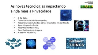 • O Big Data;
• Computação de Alto Desempenho;
• Redes Neurais simulando o Córtex Visual até o fim da Década;
• Aprendizagem Profunda;
• Reconhecimento de Fala;
• Reconhecimento de Imagem;
• A Internet das Coisas;
As novas tecnologias impactando
ainda mais a Privacidade
 