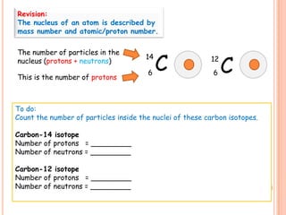Revision:
The nucleus of an atom is described by
mass number and atomic/proton number.

The number of particles in the

                                            C                  C
                                       14                 12
nucleus (protons + neutrons)
                                       6                   6
This is the number of protons



To do:
Count the number of particles inside the nuclei of these carbon isotopes.

Carbon-14 isotope
Number of protons = _________
Number of neutrons = _________

Carbon-12 isotope
Number of protons = _________
Number of neutrons = _________
 